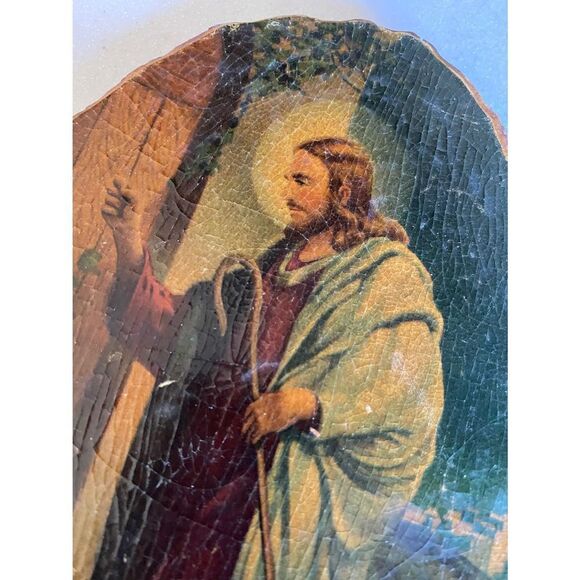 Vintage 60s Decoupage on Wood CHRIST Knocking at the Door - Picture 2 of 8